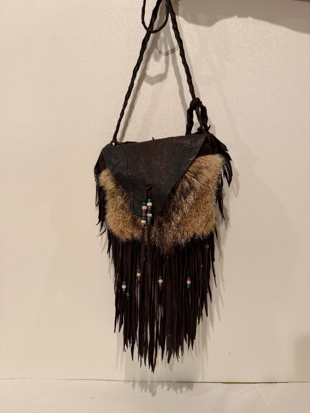 NWOT - HANDMADE LEATHER AND FUR SHOULDER BAG